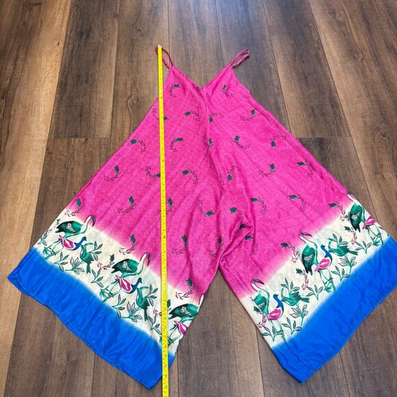 Pink Silk Wide-Leg Jumpsuit Birds Strappy One Size Boho Flowy Statement Twee - Picture 4 of 9